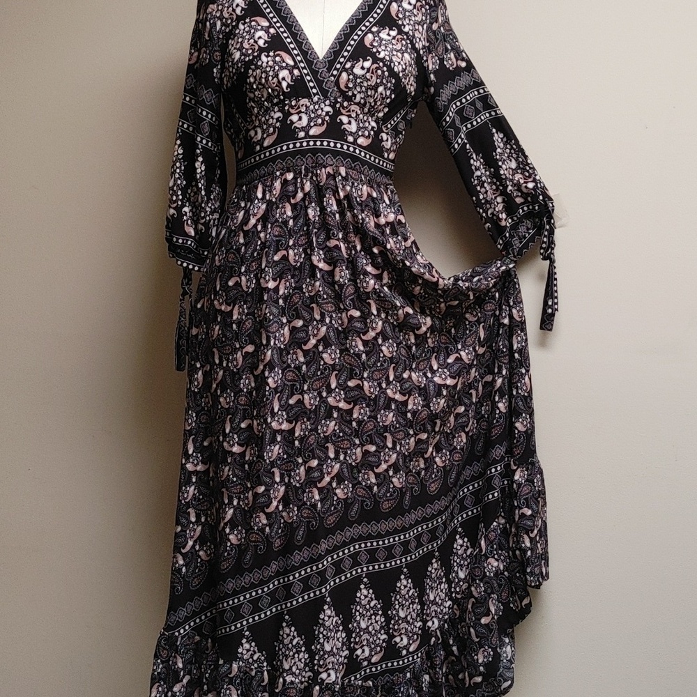 Caroline Morgan Australia Maxi Dress V-Neck Empire Waist Ruffled Hem Black Small - Picture 2 of 14